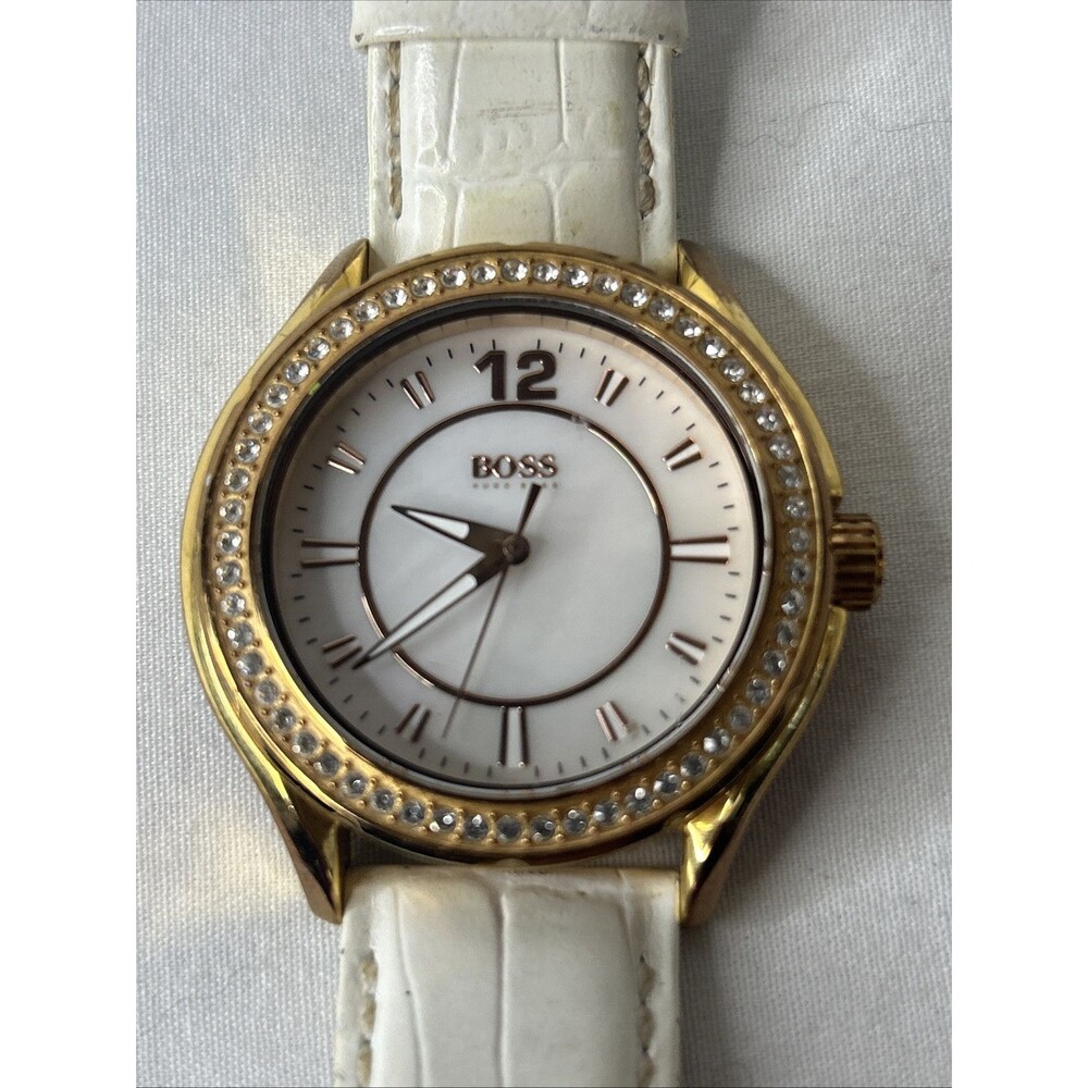 HUGO BOSS LADIES WATCH Mother of Pearl Dial w/ Crystal Bezel White Leather Band